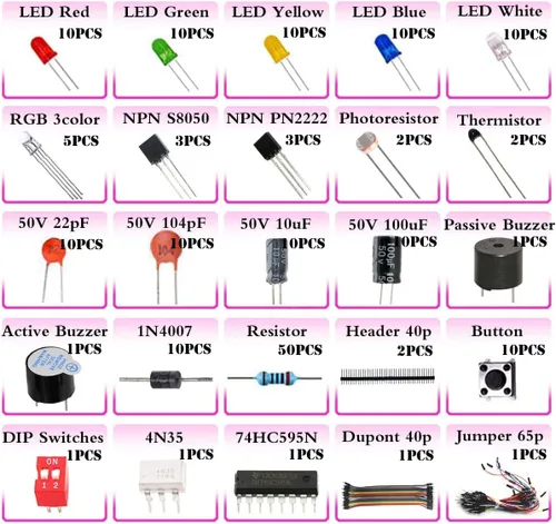 Vista 2 de Electronics Basic Starter Fun Kit con cables de puente, condensador de resistencias, LED, diodos transistor para bricolaje, Arduino UNO R3