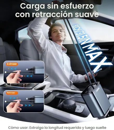 Vista 3 de Temdan Cargador de coche retráctil,75W cargador rápido USB C coche camión Gris