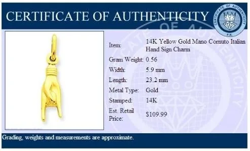 Vista 3 de FindingKing Dije de mano italiana Mano Cornuto de oro amarillo de 14 quilates, Oro amarillo