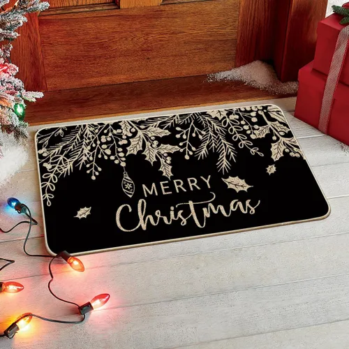 Vista 2 de Artoid Mode Alfombra de Puerta con Vistoso Vistoso de Muérdago y Acebo Negro, Feliz Navidad, Decoración de Hogar de Invierno de Bajo Perfil