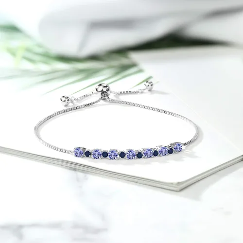 Vista 4 de Gem Stone King Pulsera redonda de plata de ley 925 con tanzanita azul y zafiro azul para mujer