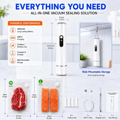 Vista 2 de Sellador al vacío UV para alimentos con 30 bolsas de vacío reutilizables -60kPa - Máquina selladora al vacío compacta de mano para ahorro