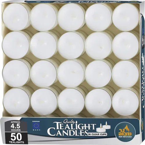 Vista 5 de Ner Mitzvah Velas de té – Paquete de 50 velas a granel – Velas blancas sin perfume en taza transparente – Larga combustión – 4.5 horas