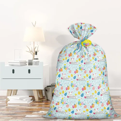 Vista 4 de WRAPAHOLIC Bolsa de regalo grande de plástico de Pascua de 56 pulgadas, bolsa de bicicleta de conejo y huevo, envoltura de regalo para Pascua