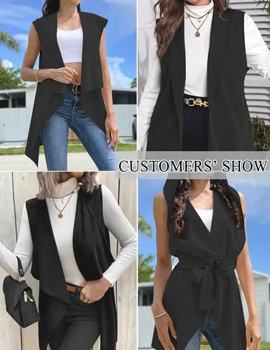 Vista 5 de Grabsa Cárdigan sin mangas para mujer, chalecos a la moda, elegante, asimétrico, con capucha, frente abierto, gabardina con cinturón