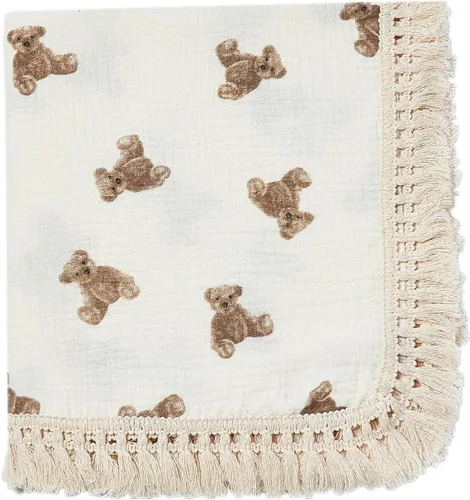 Vista 10 de Manta de muselina de algodón insular para bebé con borla, manta de muselina boho bohemia para bebé con borla, manta de recepción para bebé