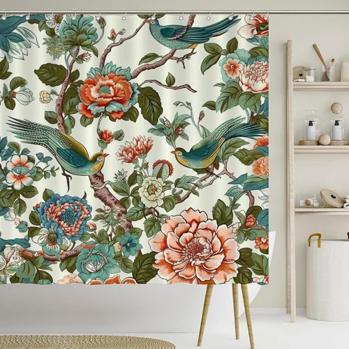 Vista 3 de Cortina de ducha de poliéster con diseño de peonía roja, diseño de flores, animales, pájaros, cortina de baño con diseño de flores de coral, cortina