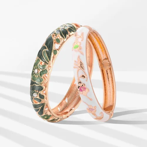 Vista 2 de UJOY Vintage Jewelry Cloisonne Artesanal Esmaltado Mariposa Flor Magnífica Rhinestone Oro Bisagra Brazalete Brazalete Brazaletes Regalos 88A09
