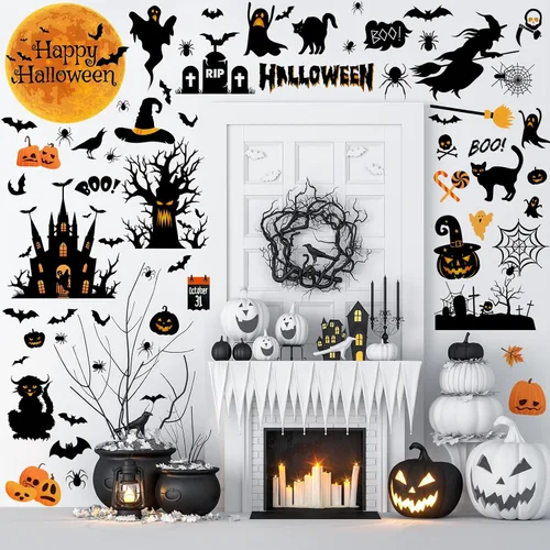 Vista 6 de Haull 6 hojas de calcomanías de pared de Halloween, calcomanías de pared reutilizables para ventana de Halloween, acuarela, bruja, murciélagos