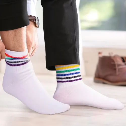 Vista 4 de Bencailor 6 pares de calcetines deportivos de algodón a rayas, diseño de arco iris, calcetines tobilleros de algodón, casuales, multicolor, unisex