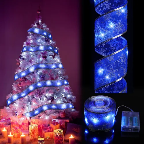 Vista 9 de Luces de cinta de Navidad 16.4 pies, cinta de árbol de Navidad con brillo, luces de cadena operadas a batería para interiores/exteriores