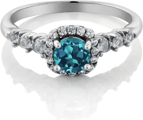 Vista 3 de Anillo de compromiso con piedra natal y zafiro blanco creado para mujer en plata de ley 925 Centro redondo de 0.197 in con detalles de 0.079