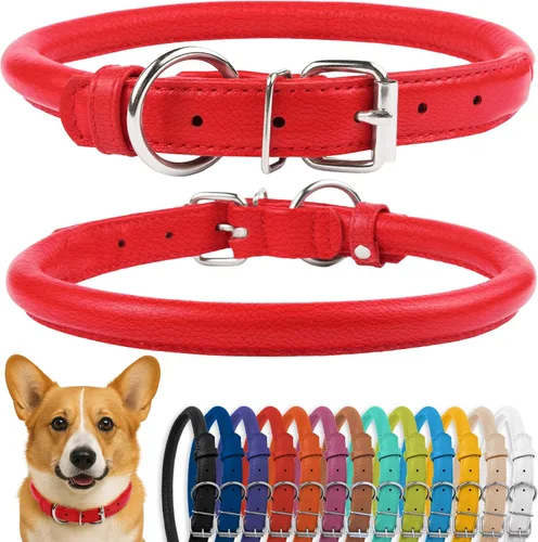 Vista 25 de CollarDirect - Collar de cuero enrollado para perro, collar redondo acolchado suave para cachorro, collar de cuero auténtico hecho a mano