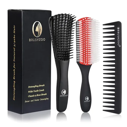 Vista 7 de BRUSHZOO - Juego de cepillos desenredantes para mujeres, hombres y niños, desenredante y masaje de cabello, cepillo de pelo rizado para cabello Negro