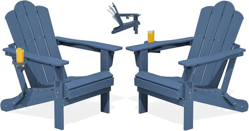 Vista 11 de Silla plegable ajustable KINGYES Adirondack, sillas reclinables Adirondack de 3 posiciones con portavasos, Adirondack de HDPE resistente a