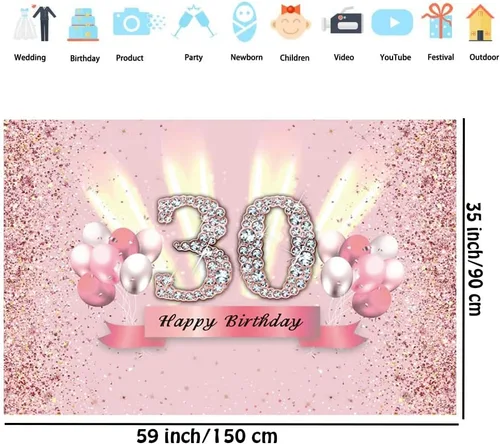Vista 2 de Decoraciones de cumpleaños número 30 para mujer, cartel de fondo de feliz cumpleaños 30, cartel de tela para fiesta de aniversario de 30 años