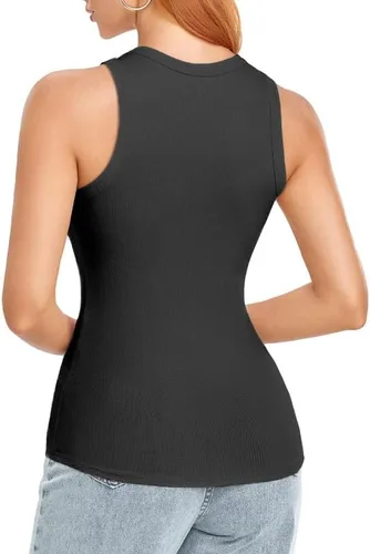 Vista 3 de SIMIYA Paquete de 2 camisetas sin mangas para mujer, acanaladas, sin mangas, espalda cruzada, básicas, de verano, cuello alto, blusas ajustadas
