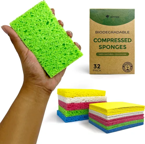 Vista 8 de AIRNEX Esponjas de celulosa comprimida – Paquete de 16 esponjas naturales para platos desplegables para cocina – Esponjas de limpieza compostables a