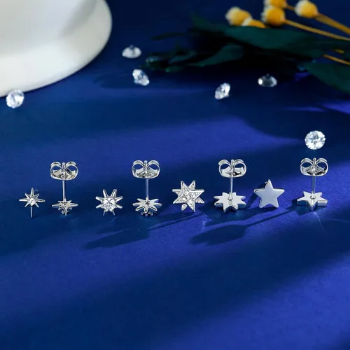 Vista 6 de 4 Pairs White Gold Star Stud Earrings for Women Celestial Hypoallergenic Silver Stud Earrings Set for Sensitive Ears