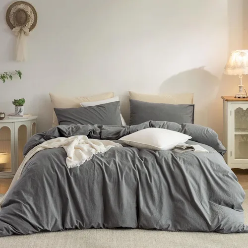 Vista 12 de Juego de funda de edredón 100% algodón lavado, tacto de lino Ropa de cama moderna transpirable ligera y suave para todas las estaciones