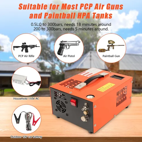 Vista 3 de Compresor de aire PCP, compresor PCP portátil de 4500 PSI, compresor de pistola de aire PCP de 12 V CC/110 V CA Parada manual, con adaptador
