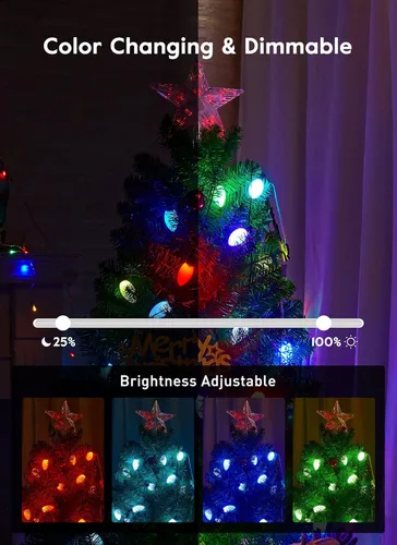 Vista 7 de Brightown Smart Christmas Lights Outdoor, 100 LED C9 Christmas Tree Lights with Remote, APP Controlled, Music Sync, Waterproof Connectable C9 String