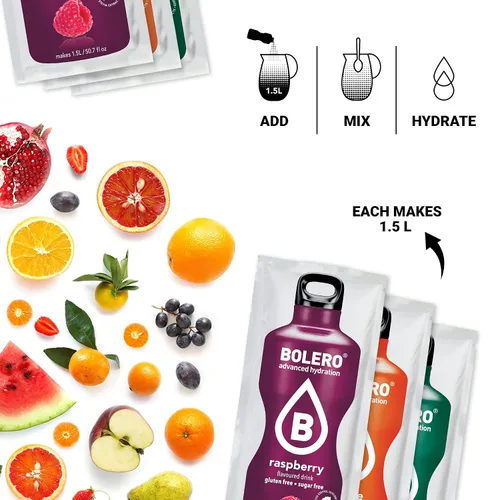Vista 2 de Bolero - Paquetes de mezcla de bebidas sin azúcar, sabores variados de frutas Paquetes de agua con sabor en polvo 12 sobres grandes para llevar