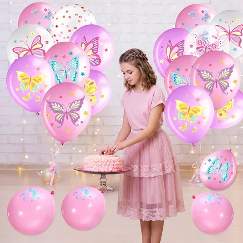Vista 5 de Libima 45 globos de látex de mariposa para decoración de cumpleaños, globos de látex de hadas rosas y moradas, decoraciones para niñas, princesas