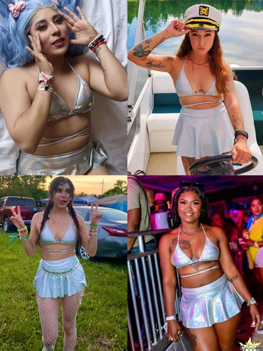 Vista 3 de Conjunto de 3 piezas para mujer - Sexy festival de música holográfico metálico con tiras en la parte superior de bikini y falda de playa
