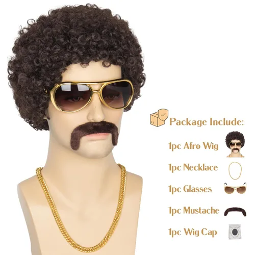 Vista 2 de Miss U Hair - Peluca afro corta y rizada para hombre, peluca de fiesta de los años 70, peluca de discoteca de Halloween con collar, lentes y bigote