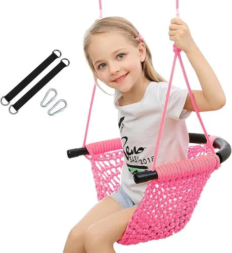 Vista 10 de Columpio tejido a mano para niños, columpio para niños con cuerdas ajustables, juego de columpio seguro para niños, para interiores, exteriores