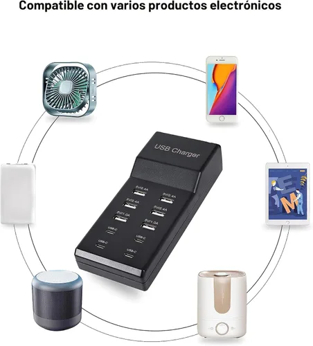 Vista 5 de Cargador USB, estación de carga USB de 50 W con 10 puertos (6 puertos USB-A y 4 puertos USB-C) compatible con iPhone 15/14/13/12/11/X/8/7/6