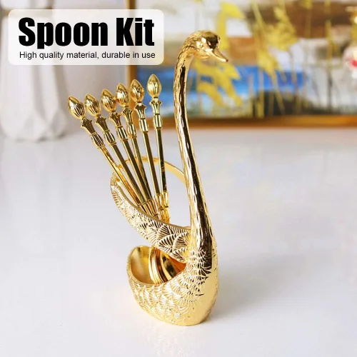 Vista 7 de Kit de cuchara de café con soporte en forma de cisne de aleación de zinc y 6 cucharas de café de acero inoxidable, juego de cucharas de comida