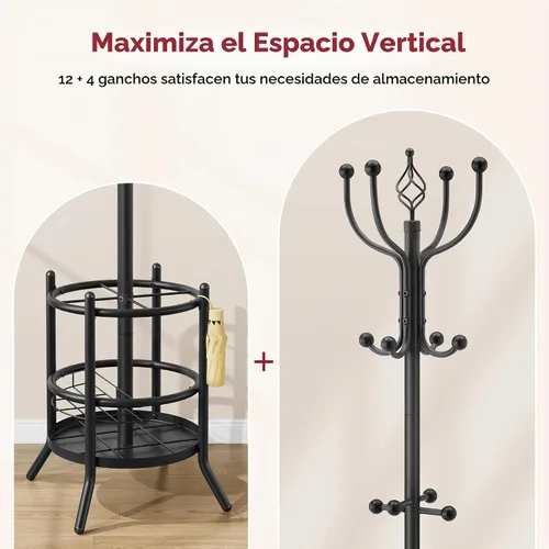 Vista 6 de Tajsoon Perchero con Soporte para Paraguas, Árbol de Abrigos Independiente con 16 Ganchos, Soporte para Perchero para Sala de Estar, Dormitorio Negro