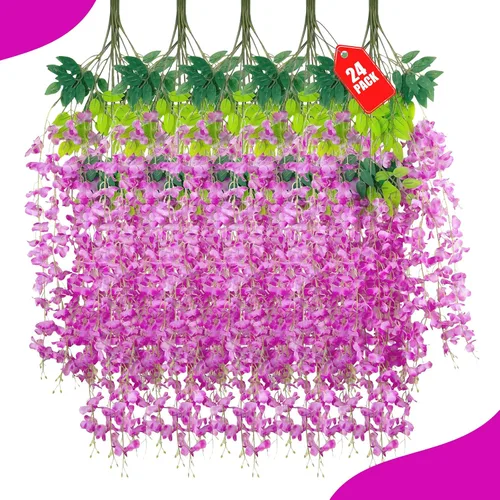 Vista 48 de Paquete de 12 flores colgantes de glicina rosa, flores colgantes falsas de 3.44 pies, guirnalda de glicina artificial para decoración de boda, telón