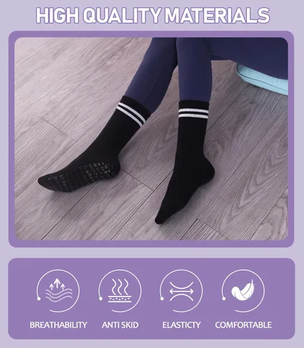 Vista 5 de LANLEO Calcetines de pilates con empuñaduras para mujer, calcetines antideslizantes para yoga, baile, atletismo, entrenamiento, hospital, calcetines