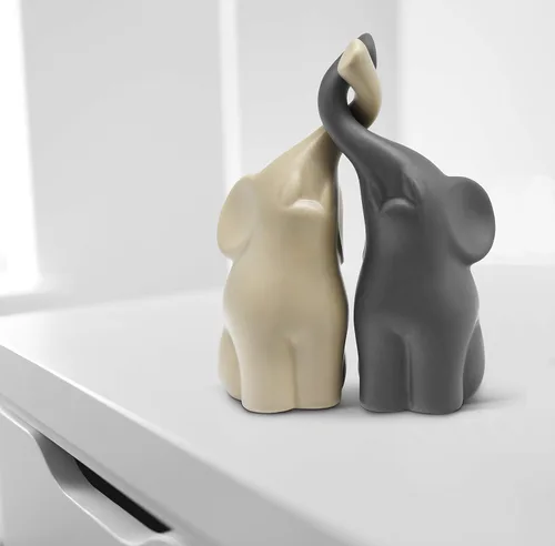 Vista 2 de Vaudagio Pareja Amorosa de Elefantes en Beige y Gris - Escultura Moderna de Cerámica - Figura Decorativa como Juego - Figura de Decoración 16 cm