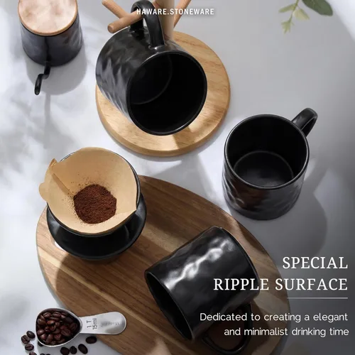 Vista 5 de HaWare Juego de 4 tazas de café de 14 onzas, tazas de café de gres con asa, taza de café con leche para hombre, mujer, papá, mamá, tazas de té