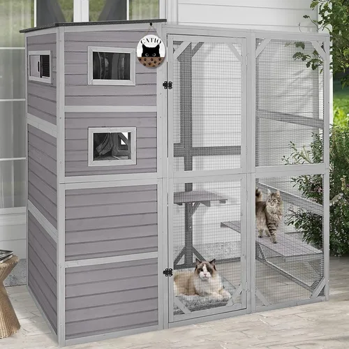 Vista 8 de Big Catio - Casa para gatos al aire libre, refugio de madera para gatos de 4 niveles con gran espacio interior (marrón, extragrande)