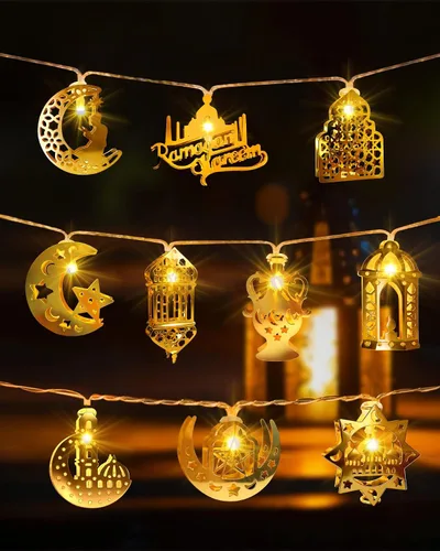 Vista 8 de Luces de Ramadán Eid Mubarak, decoraciones de Ramadán para el hogar, 10 luces LED Eid Mubarak, guirnalda de luces de luna y estrella, linterna Eid