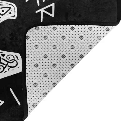 Vista 4 de Vikings Mjolnir and Rune Wheel - Alfombra de área con símbolo de mitología nórdica, sala de estar, dormitorio, cocina, sofá, mesita de noche, 36 x
