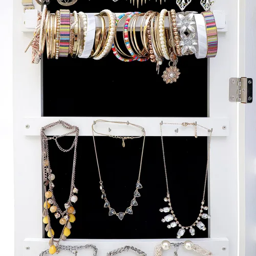 Vista 5 de Gabinete organizador de joyas espejo de cuerpo entero con 6 LED con cerradura para montar en paredpuerta y almacenamiento de armario de joyería