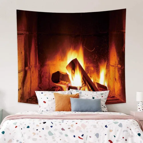 Vista 4 de Haoyiyi Tapiz de fuego ardiente de 33.9 x 27.6 pulgadas, chimenea de madera de Navidad, ladrillo brillante, para colgar en la pared, vintage