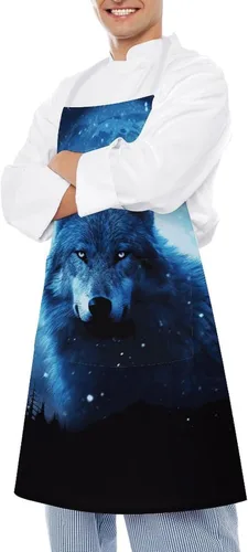 Vista 4 de Delantal personalizado de lobos para adultos, delantales de cocina para mujer y hombre, delantal ajustable con bolsillo para hornear, hacer barbacoa
