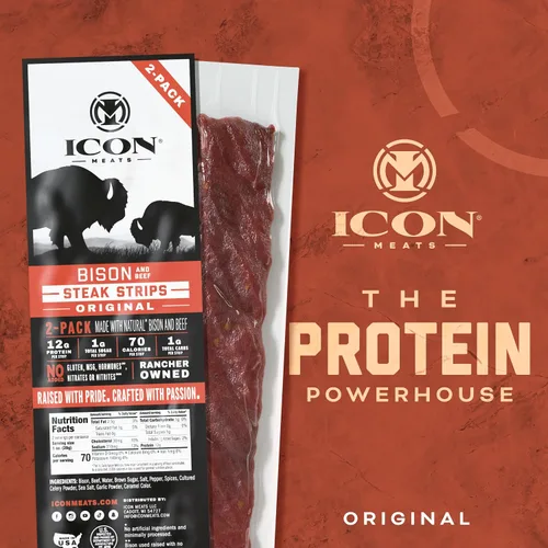 Vista 3 de ICON Meats - Tiras de carne seca de bisonte y carne de res, sabor original, 8 paquetes por caja, 2 tiras por paquete, aprobadas por el USDA, palitos