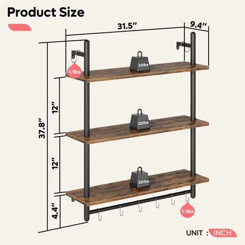 Vista 2 de Bestier Estantes de cocina flotantes para montar en la pared, estantes colgantes de almacenamiento con toallero para baño, paquete de 2 y 3 niveles
