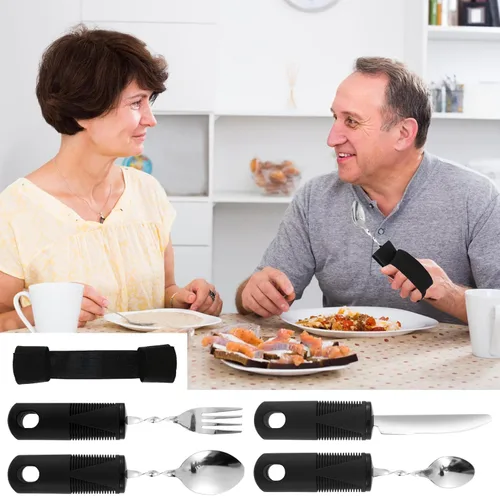 Vista 9 de Utensilios adaptativos con correa, utensilios con peso ajustable en ángulo, asas antideslizantes, utensilios ergonómicos construidos, cubiertos