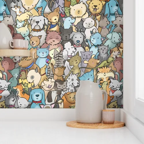Vista 8 de Muestra de papel tapiz extraíble – Perros de rescate de mascotas animales lindos dibujos animados cuarto de niños gatos adoptar habitación