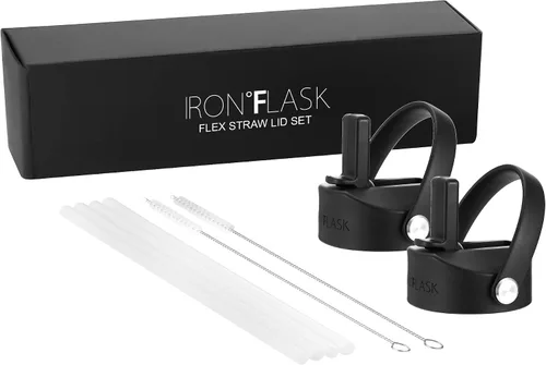 Vista 2 de IRON °FLASK - Botella de agua de boca ancha con tapa flexible con pajilla, paquete de 2 Tapa flexible con popote para botellas de agua de boca