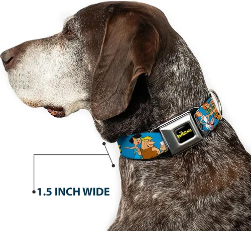 Vista 7 de Collar de perro hebilla de cinturón de seguridad The Picapiedra y Rubbles Group Pose Logo Azul 9 a 15 pulgadas 1.0 pulgadas de ancho
